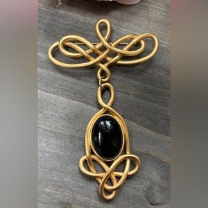 Vintage Oversized Brushed Gold Brooch with Black Center